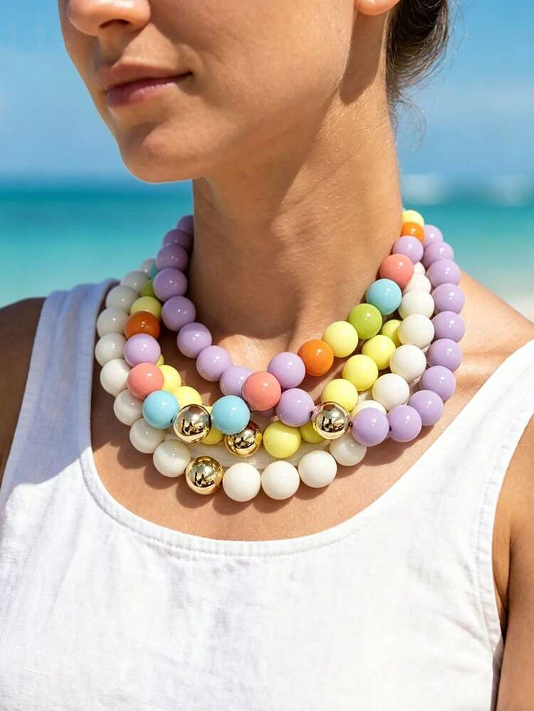 1pc Bohemian Acrylic Round Geometric Beaded Handmade Necklace, Multicolor, Suitable For Summer Beach Vacation | SHEIN