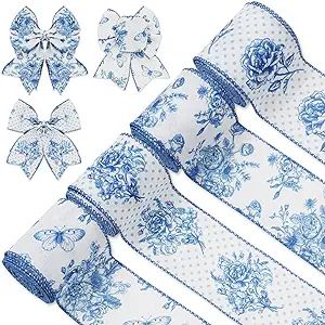 AnyDesign White and Blue Wired Edge Ribbon Floral Butterfly Craft Ribbon 24 Yards 2.5 Inch Blue F... | Amazon (US)