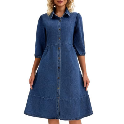INSPIRE CHIC Women's Puff 3/4 Sleeve Button Up Collar A-Line Swing Ruffle Tiered Midi Denim Dress XX-Large Dark Blue | Target