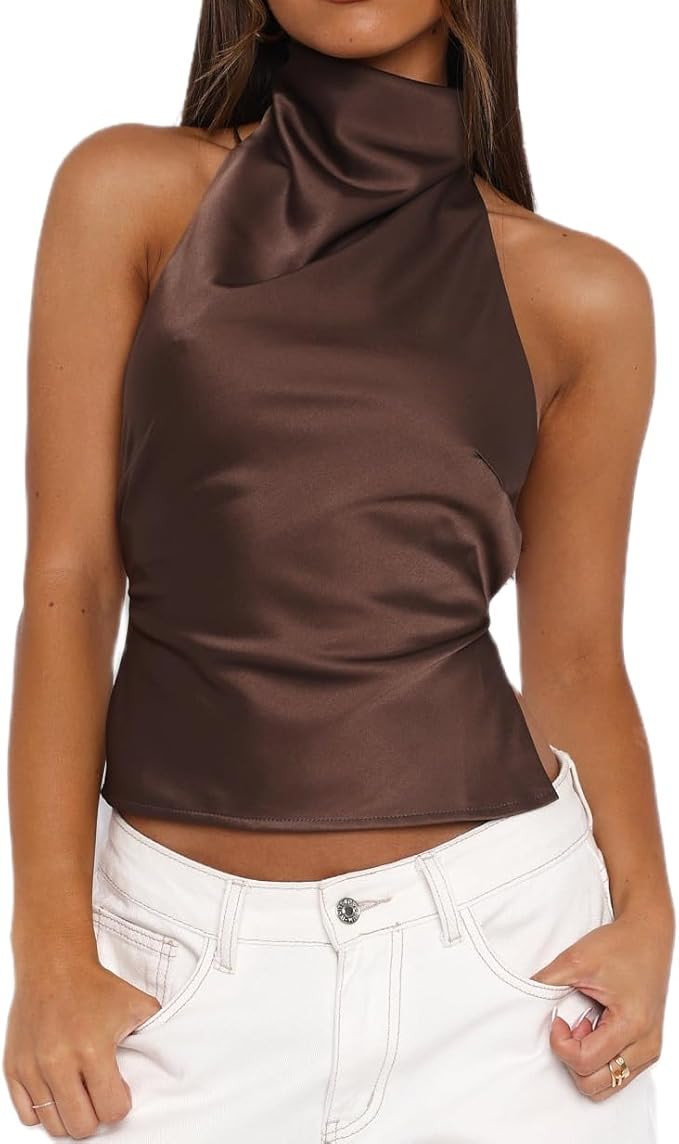 Passec Open Back Halter Tops for Women Bow Tie Back Ruched Ruffle Crop Tops Smocked Y2K Going Out... | Amazon (US)