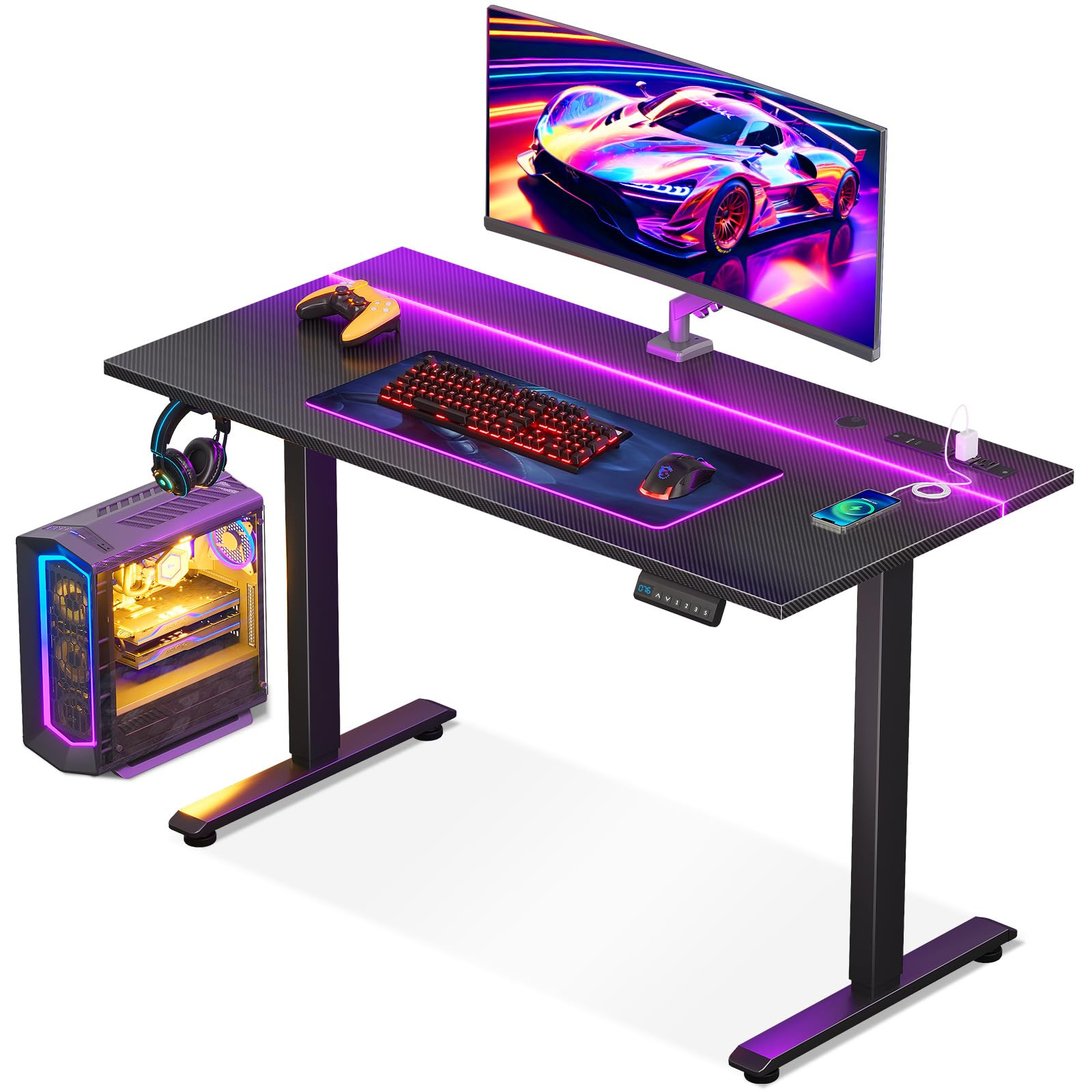 MOTPK Gaming Standing Desk, 47 Inch Height Adjustable Small Gaming Desk with Power Outlet & LED L... | Amazon (US)