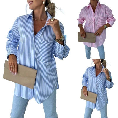 Coolmee Women Classic Button Down Striped Long Sleeve Collared Shirts Office Work Blouses Tops With Pocket Blue XL | Target