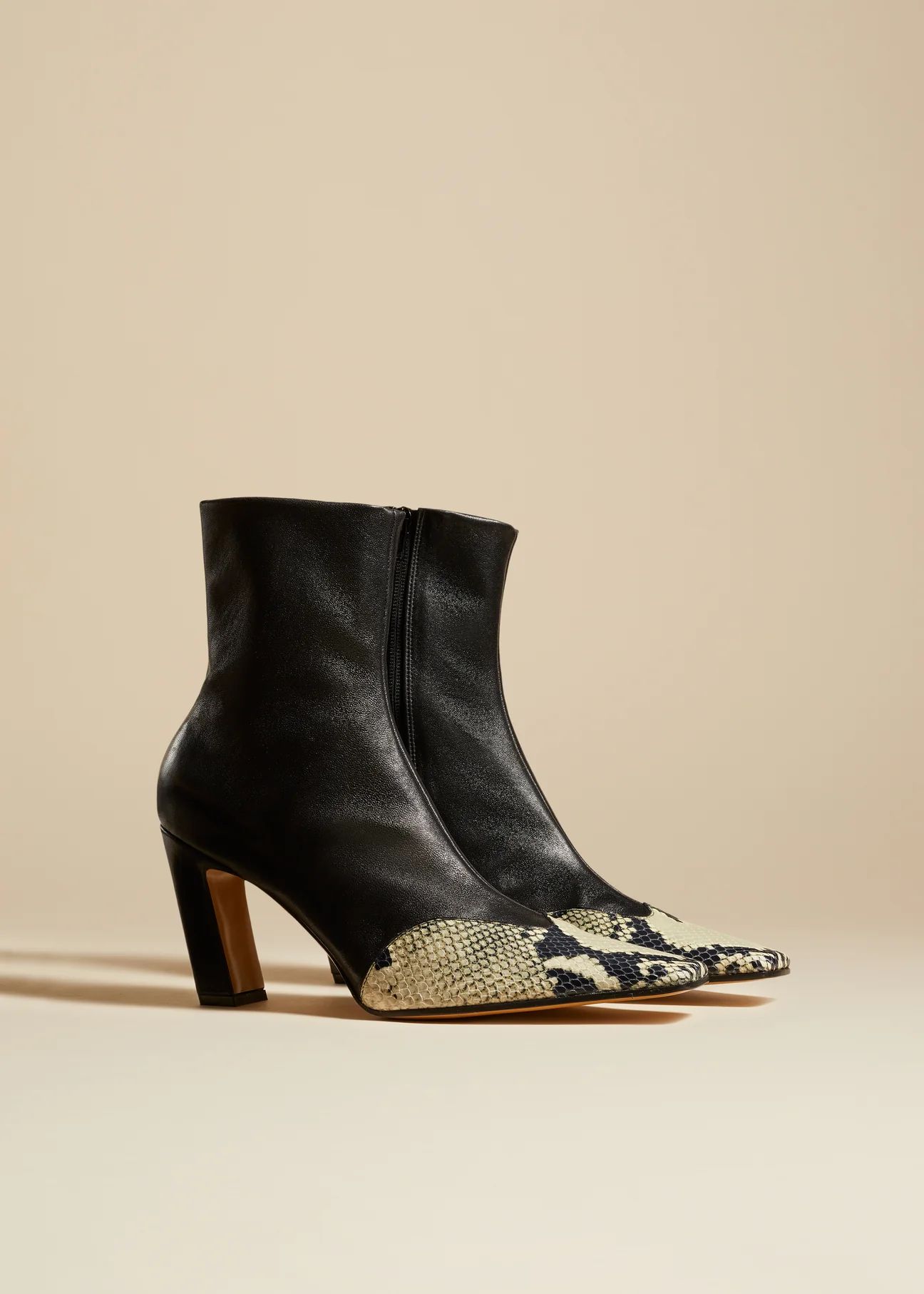 The Dallas Stretch Ankle Boot in Black with Natural Python-Embossed Leather | Khaite