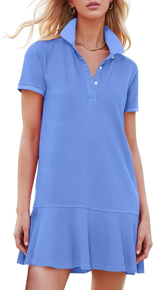 Kissonic Women's Polo Dress Short Sleeve V Neck Ruffle Hem Casual Summer Golf Tennis Mini Shirt D... | Amazon (US)
