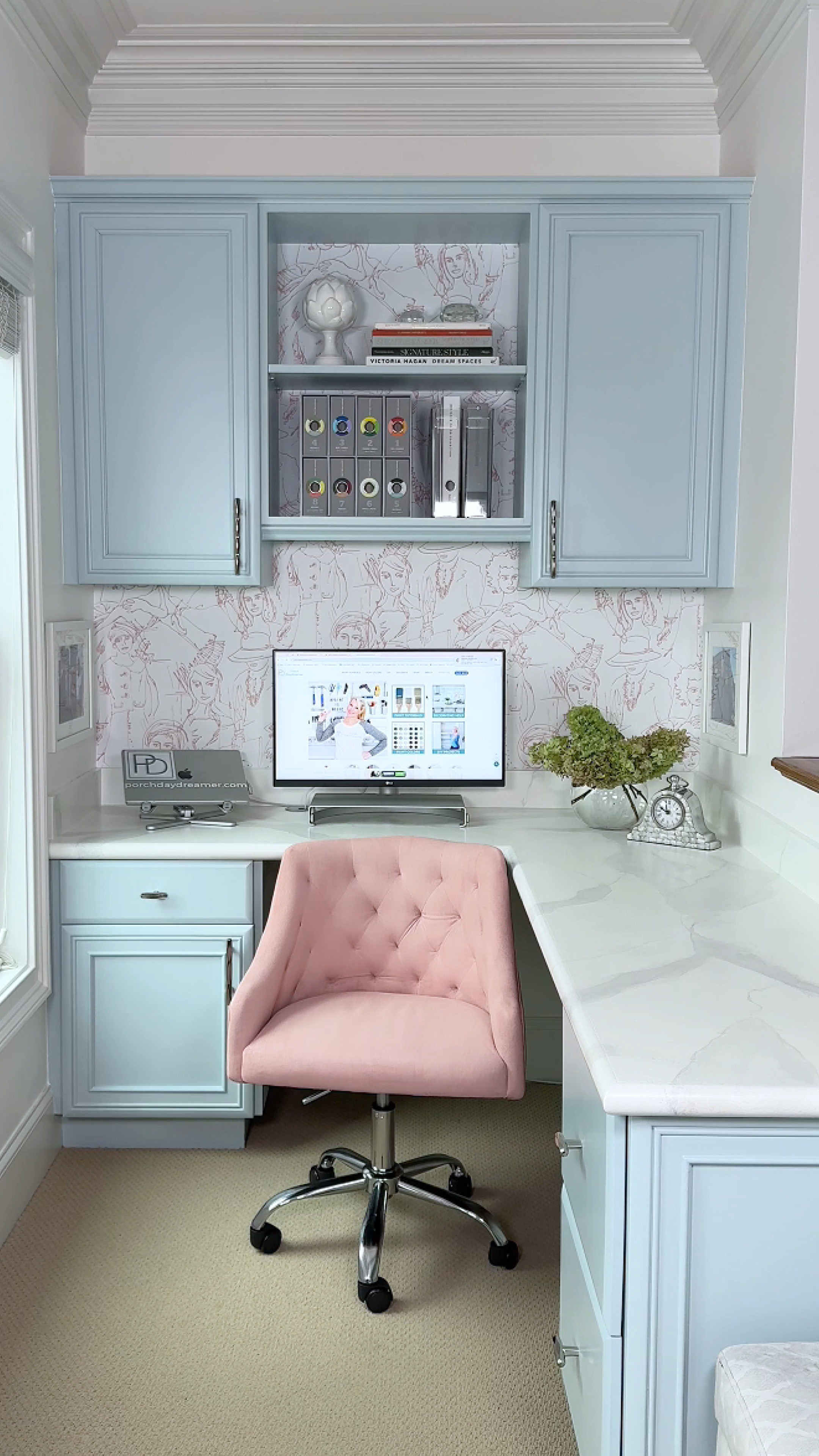 High tech lighting finds and the CUTEST peel and stick wallpaper #ad from @loweshomeimprovement! A lot of paint and new peel and stick wallpaper completely transformed my tiny home office. LOVE the cabinet hardware I bought from Lowe’s years ago. Click the paint sample for the cabinet color. 

#LowesPartner @porchdaydreamer #homeoffice #officeideas

#LTKFindsUnder50 #LTKHome