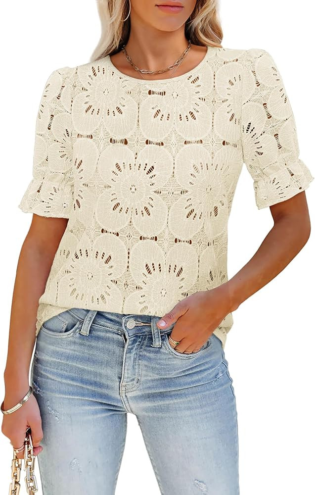 Women's Eyelet Tops Puff Short Sleeve Blouses Dressy Casual Cute Hollow Out Crochet Lace Embroide... | Amazon (US)