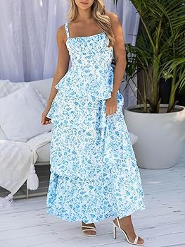 Fisoew Womens Floral Maxi Dresses Spaghetti Strap Casual Sleeveless Ruffle Flowy Tiered Dress | Amazon (US)