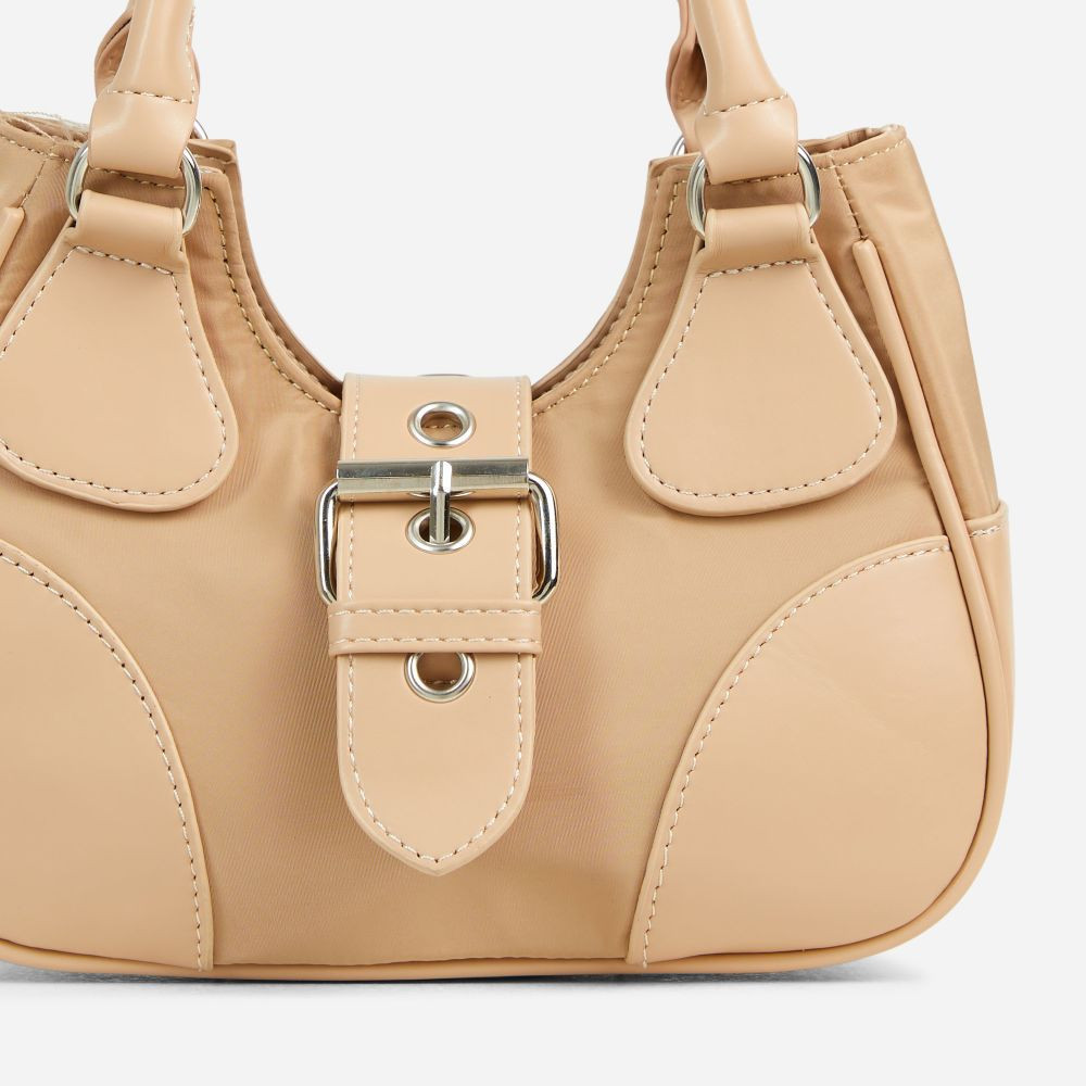 Pine Buckle Detail Shaped Shoulder Bag In Nude Nylon And Faux Leather | EGO Shoes (US & Canada)