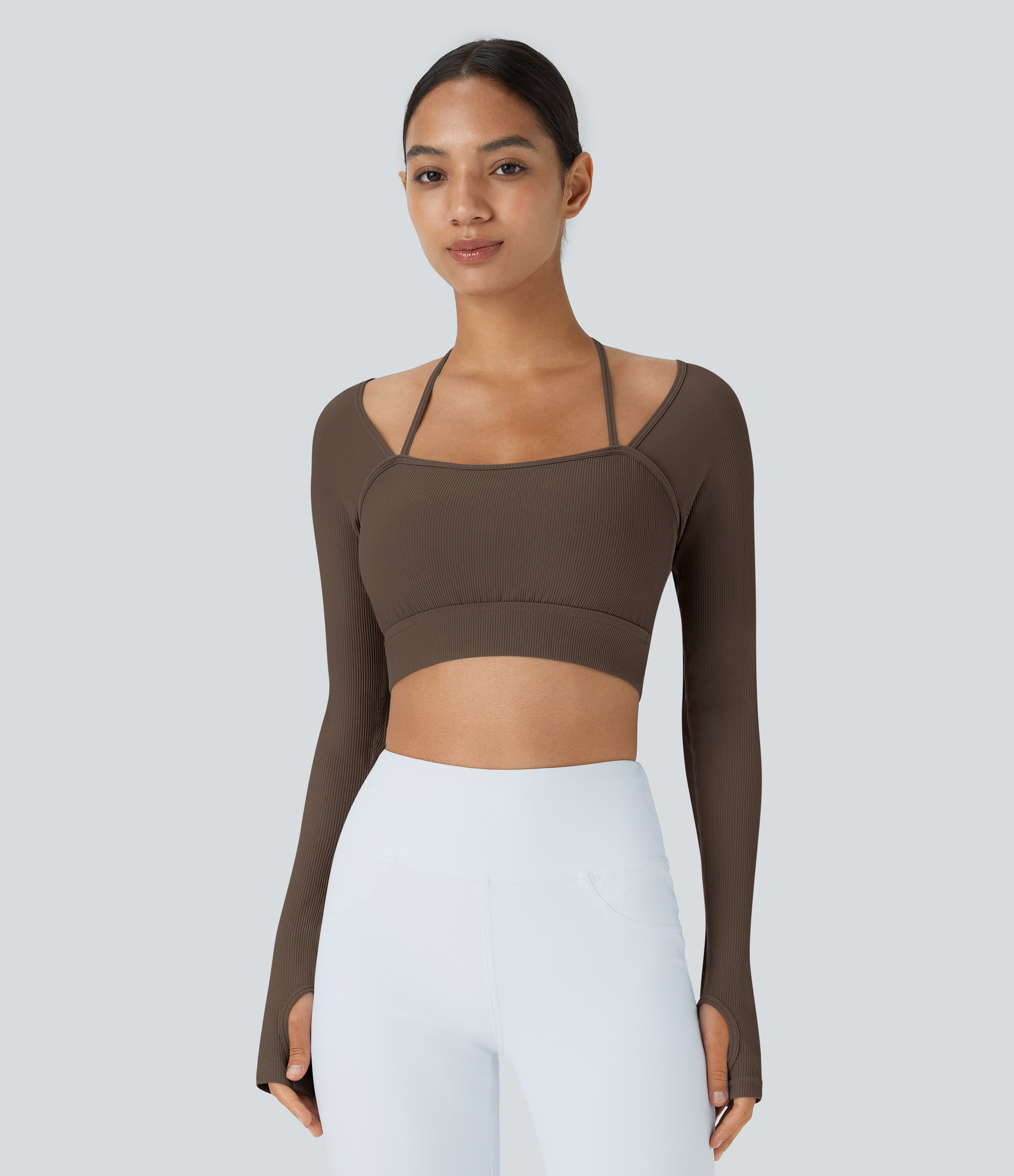 Halara Ribbed Halter Strap Thumb Hole Cropped Yoga Sports Top - Rain Drum - M | HALARA