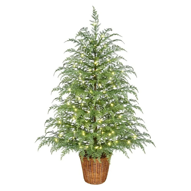 35 in Pre-Lit Green Cypress Artificial Christmas Potted Tree with 100 Warm White LED Twinkle Ligh... | Walmart (US)