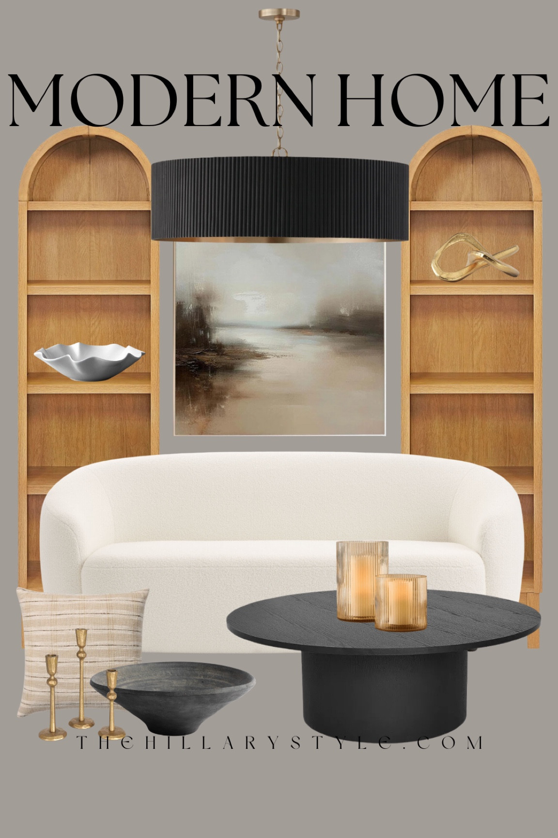 Modern Home: home decor and furniture finds for the modern organic home. Arched slim bookshelves, boucle curved sofa, black pedestal coffee table, modern pendant light, throw pillow, black display bowl, brass c slide holder sets, white ruffle bowl, brass decorative object, Amber candle hurricanes. Walmart, Target, Pottery Barn, Crate & Barrel, Etsy, Wayfair, Amazon.

#LTKStyleTip #LTKSeasonal #LTKHome