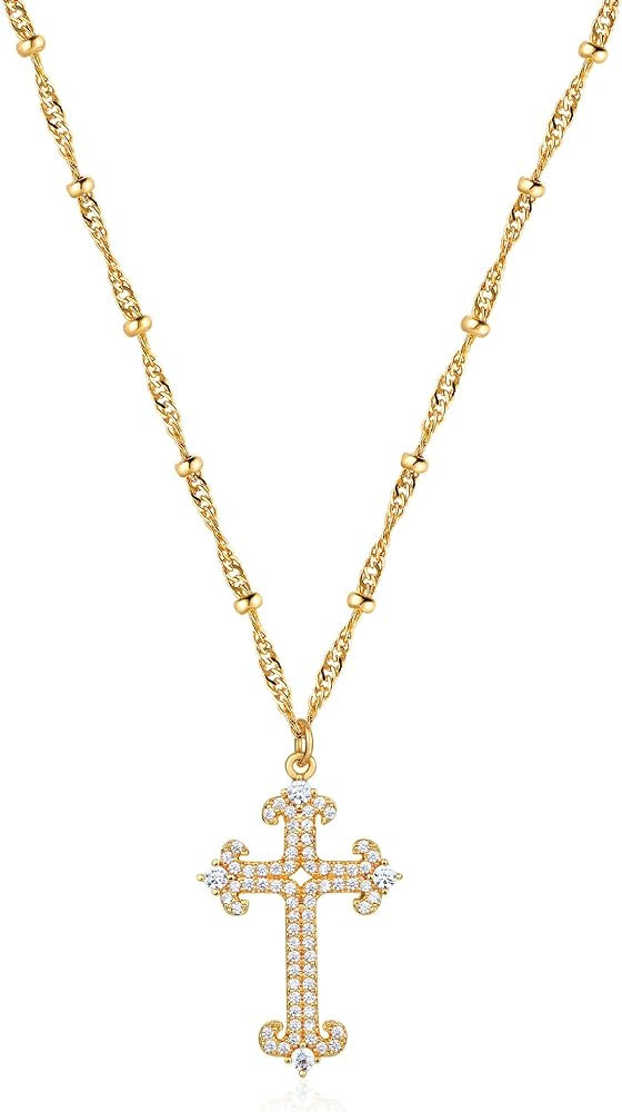 Fettero Cross Necklace Faith Pendant 14K Plated Dainty Chain Minimalist Simple Tiny God Lords Pra... | Amazon (US)