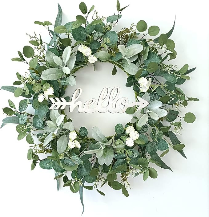 TOKCARE 22 Inch Eucalyptus Wreath with Hello Sign, Spring Summer Wreaths for Front Door Green Win... | Amazon (US)