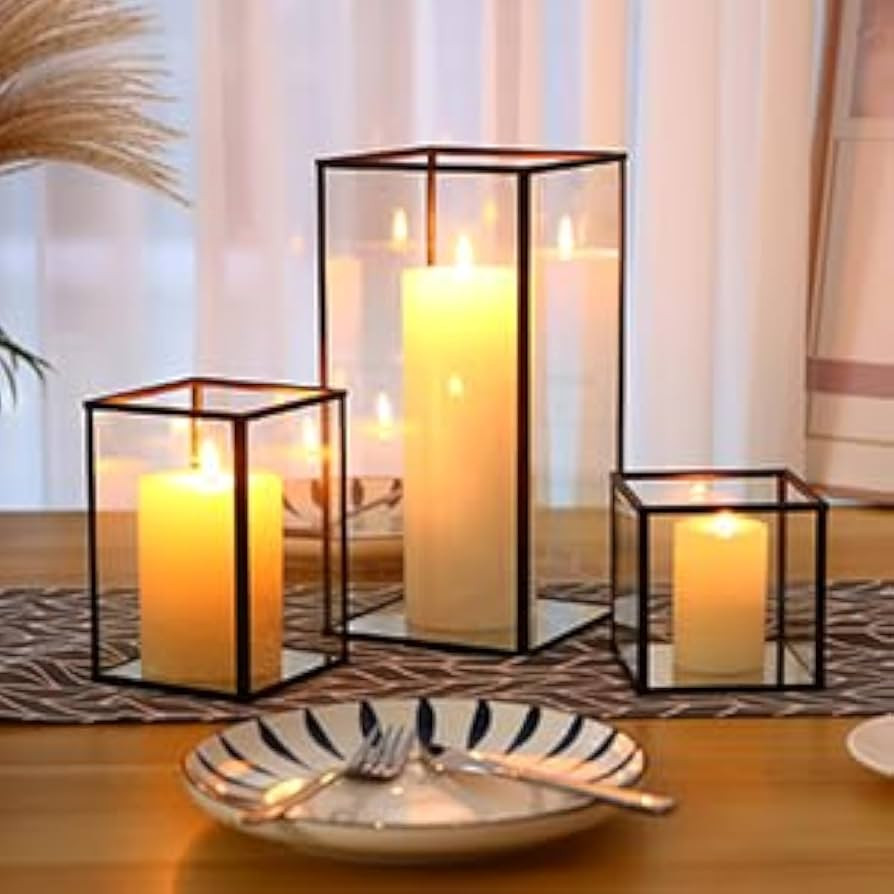 PHOSPHOR Glass Hurricane Candle Holder Set of 3 PCS Black Hurricane Candleholders for Wedding Par... | Amazon (US)