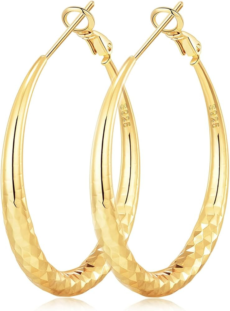 14K Gold Plated 925 Sterling Silver Big Hoop Earrings for Women Hypoallergenic Lightweight Chunky... | Amazon (US)