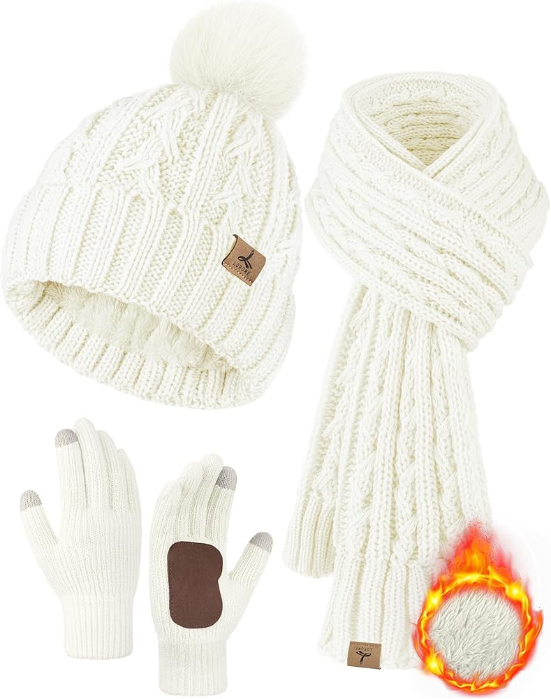Winter Hat Scarf Gloves Set,Fleece Lined Pom Pom Beanie Hat Warm Knit Long Scarf Touchscreen Glov... | Amazon (US)