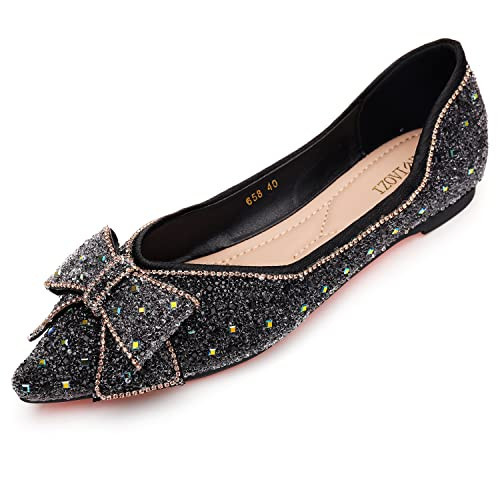 LiupanUp Women's Pointed Rhinestone Flat Shoes Glitter Flowers Wedding Comfortable Dress Shoes Black size10.5 | Amazon (US)