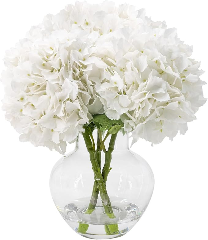 White Hydrangea Artificial Flowers with Glass Vase, Real Touch Faux Hydrangea Arrangement with Fa... | Amazon (US)