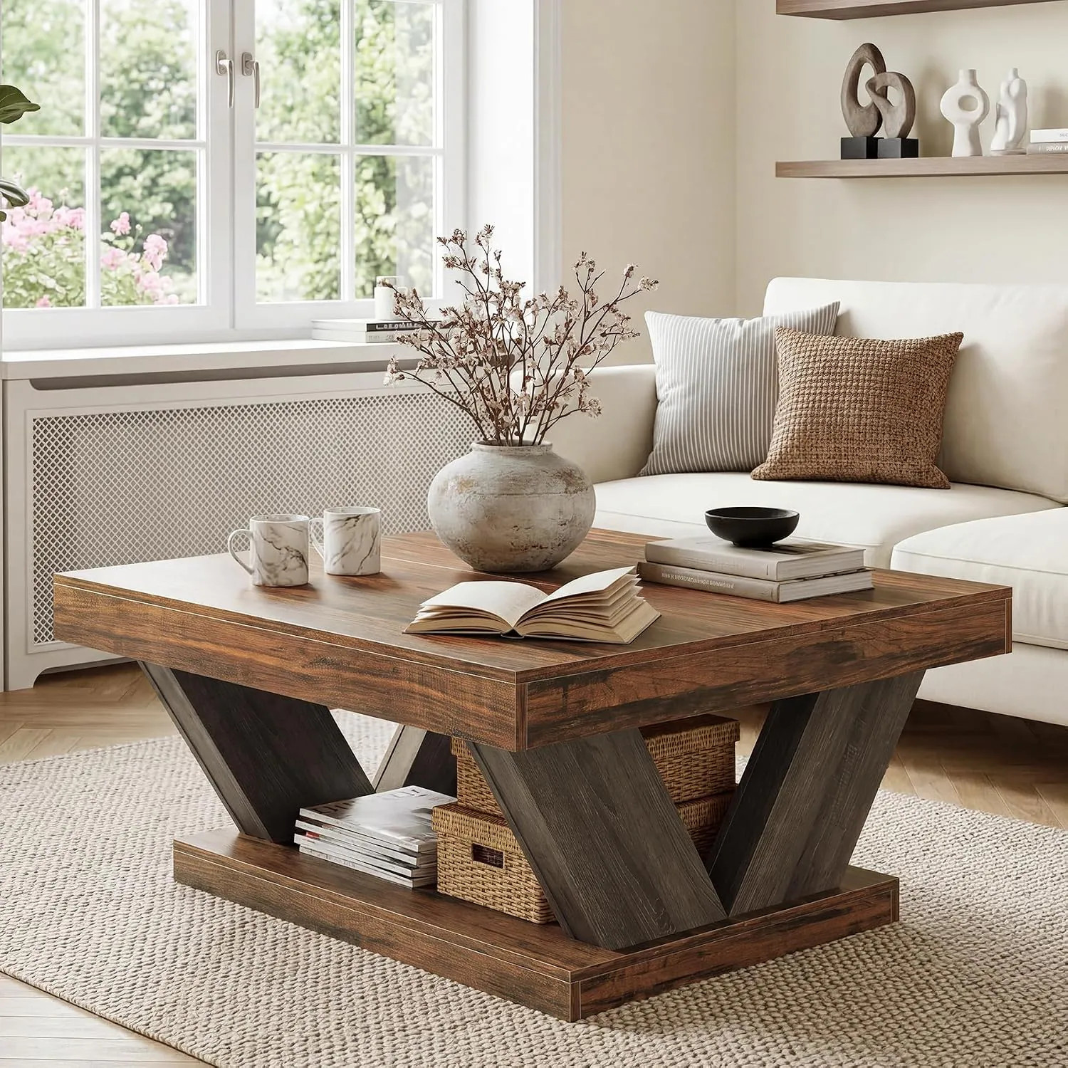 Tribesigns Coffee Table Farmhouse Coffee Table with Large Storage Shelf 2 Tier Rustic Wood Modern Center Table for Living Room Home Office Brown and | Lowe's
