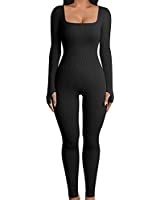 QINSEN Long Sleeve Jumpsuits for Women Square Neck Wide Leg Full Length Romper Playsuit | Amazon (US)