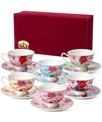 Brew To A Tea Floral Tea Cup Set of 6, 8oz, Porcelain, Tea Cups with Saucers, Gift Boxed | Amazon (US)