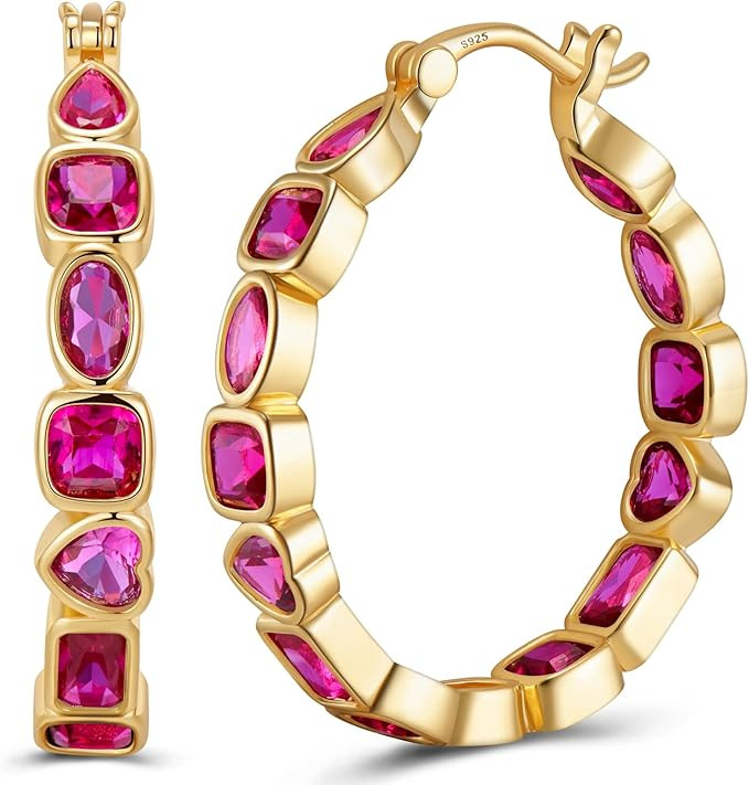 925 Sterling Silver Post Hoop Earrings for Women Multcolors Cubic Zirconia Gold Plated Christmas ... | Amazon (US)