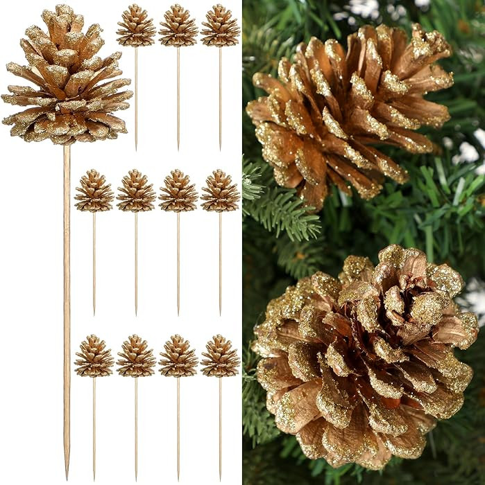 Thiccywoov 12 Pcs Christmas Pine Cones Picks Gold Glitter 2.4 x 3.15 Inches Pinecone with Wired Pick Artificial Christmas Tree Decorations Ornaments Holiday Centerpiece for Craft Garland Wreath DIY | Amazon (US)