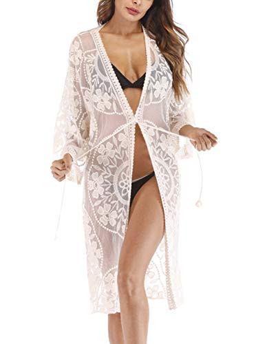 Women Sexy Lace Crochet Open Front Swimsuit Beach Long Kimono Cover Ups Beige Summer Cardigan 2025 | Amazon (US)