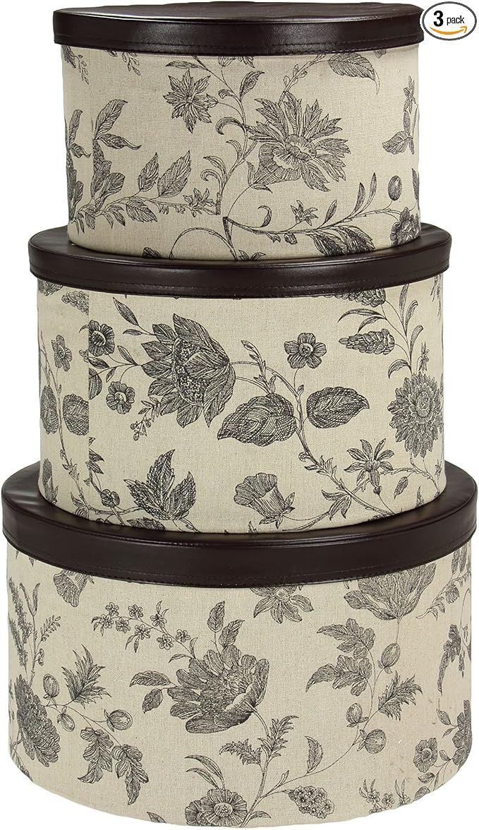 Household Essentials 3-Piece Hat Box Set with Faux Leather Lids, Floral Pattern | Amazon (US)
