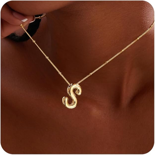 Inerney Gold Bubble Letter Necklace Initial Necklaces for Women, Chunky 14K Plated Balloon Initia... | Amazon (US)