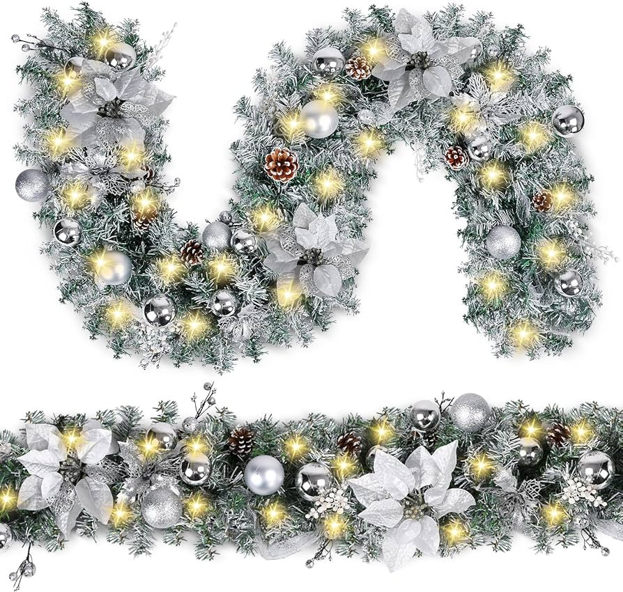 Christmas Garland with LED Lights, Battery Operated, Artificial Christmas Garland Silver Flower a... | Amazon (US)
