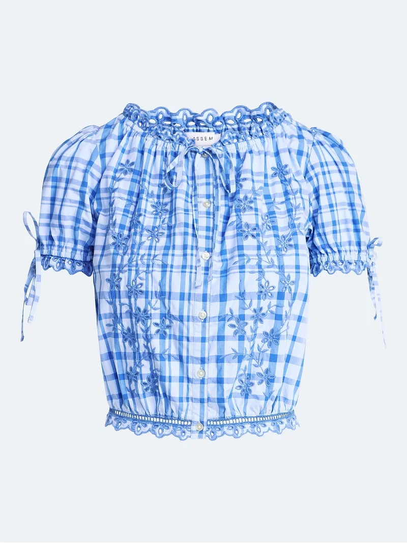 Free Assembly Women's and Women's Plus Embroidered Cropped Cotton Top with Short Sleeves, Sizes-X... | Walmart (US)