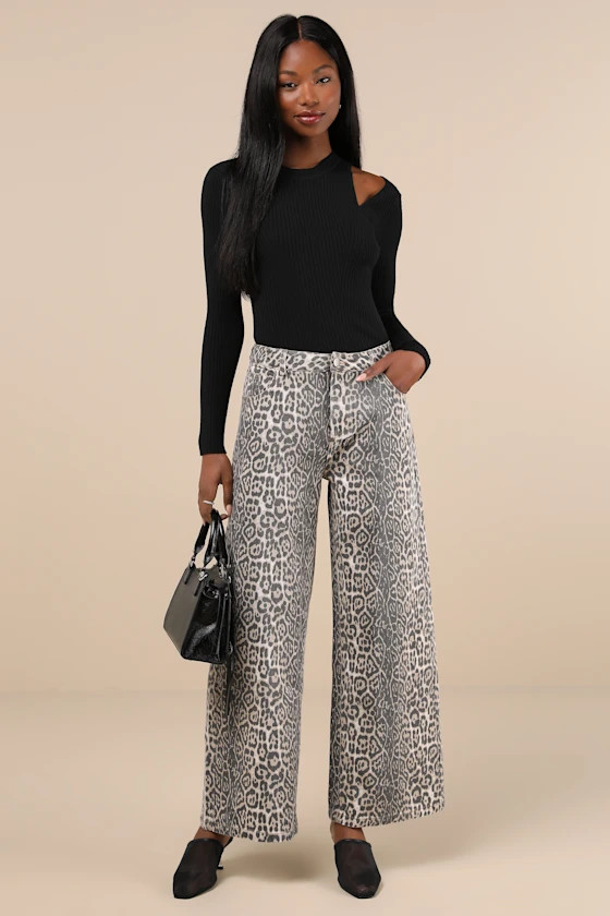 Wildly Poised Beige Faded Leopard Print Wide-Leg Jeans | Lulus