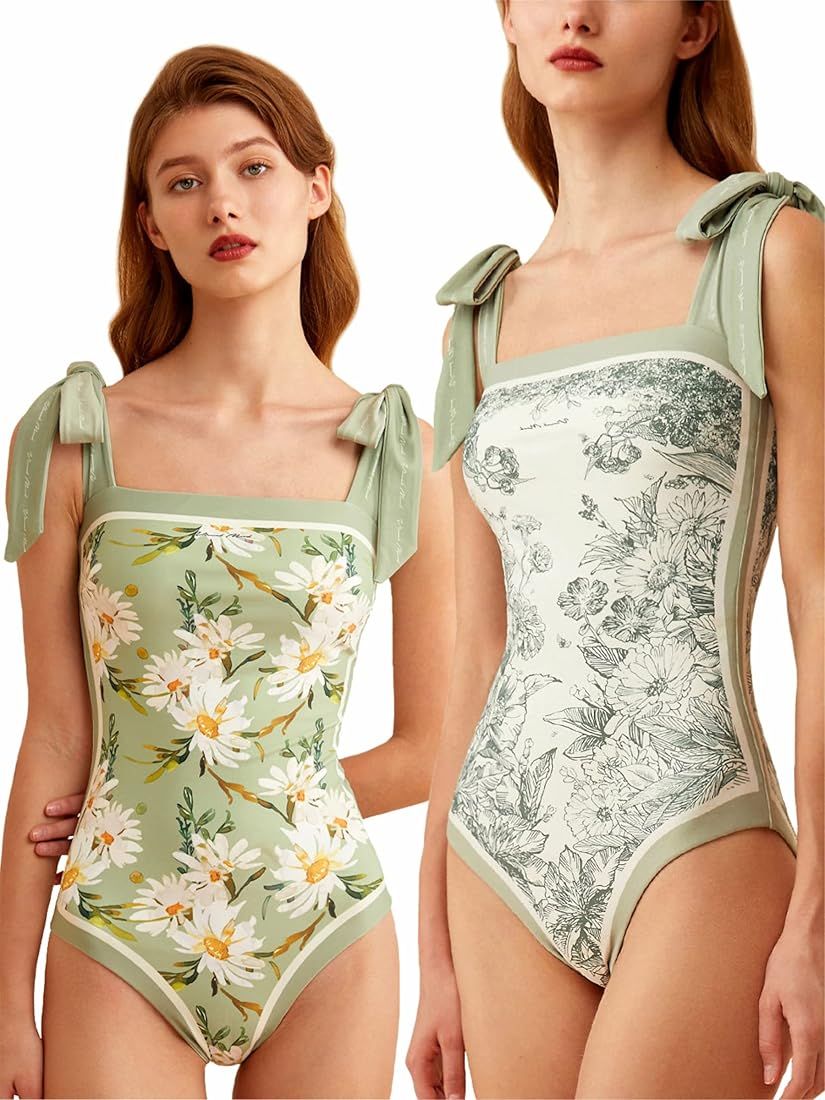 Women Floral One Piece Swimsuits, Reversible Retro Print Tie Shoulder Monokini Swimwear Tummy Contro | Amazon (US)