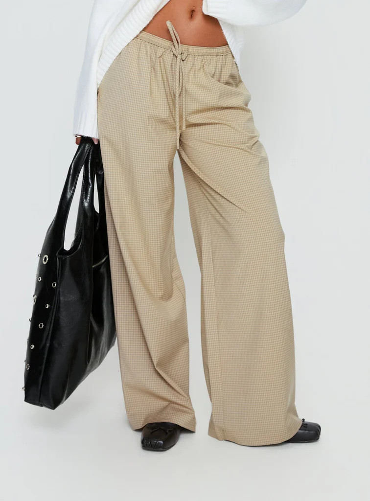 Ketrina Tie Waist Pants Beige Plaid | Princess Polly US