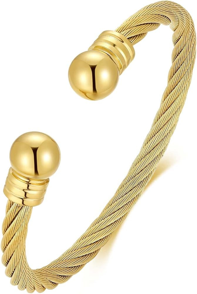 Tiyad Stainless Steel Golden Silver Twisted Cable Bracelet Adjustable Cuff Bangle Bracelets For W... | Amazon (US)