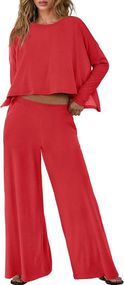 Panadila Womens Oversized Lounge Sets 2 Piece Matching Pajama Sets Long Sleeve Crop Top and Wide ... | Amazon (US)