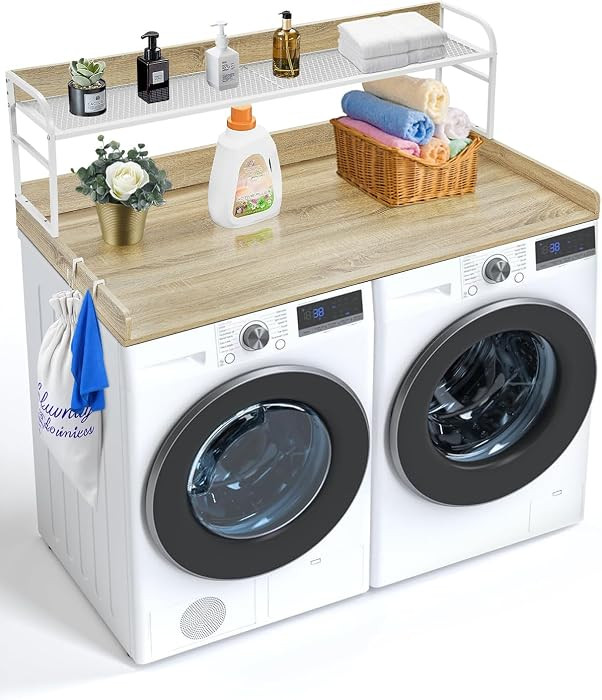VEVOR Washer Dryer Countertop with 2-Tier Shelf, 54" x 27" Wooden Washer and Dryer Countertop with Anti-Slip Pads, Water-Resistant Laundry Topper Cover for Laundry Room Organization and Storage, Oak | Amazon (US)