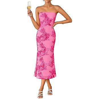 ZESICA Women's Summer Strapless Floral Midi Dress 2026 Bodycon Mesh Tube Wedding Guest Cocktail P... | Amazon (US)