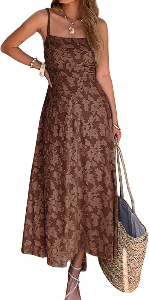 Mieazom Womens Floral Maxi Dress Spaghetti Strap Fitted A Line Long Sundress Sleeveless Elegant S... | Amazon (US)