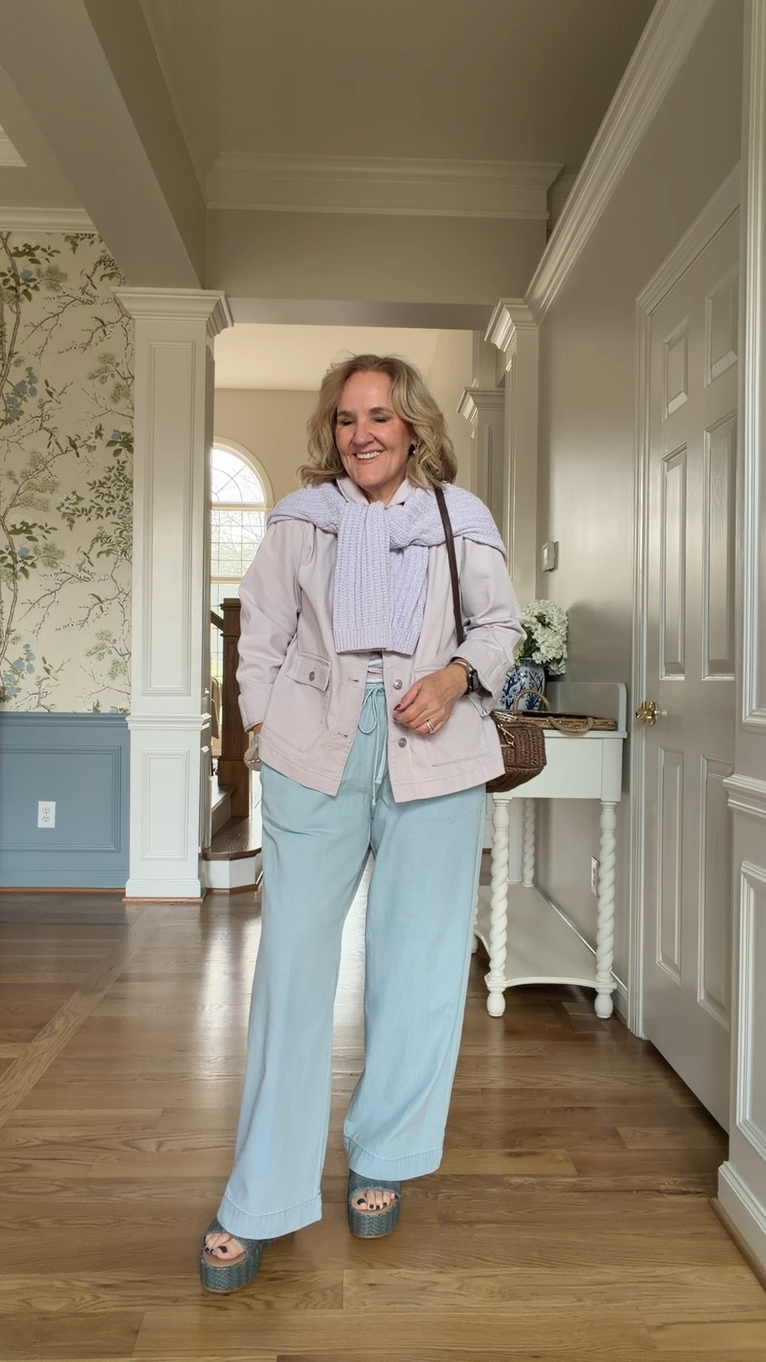 Loft jacket size medium petite 
Sweater size medium 
Striped tee rise medium 
Chambray pants size medium 
Target accessories 

#LTKOver40 #LTKSeasonal #LTKSaleAlert