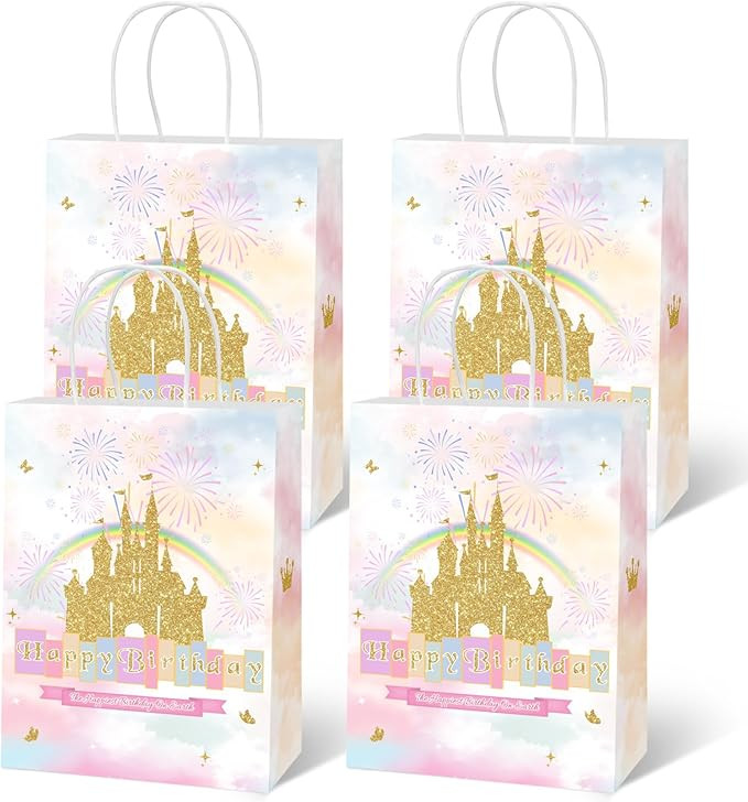 Lecheme Princess Birthday Gift Bags 24 Pcs Rainbow Castle Crown Treat Bags with Handles Candy Goo... | Amazon (US)