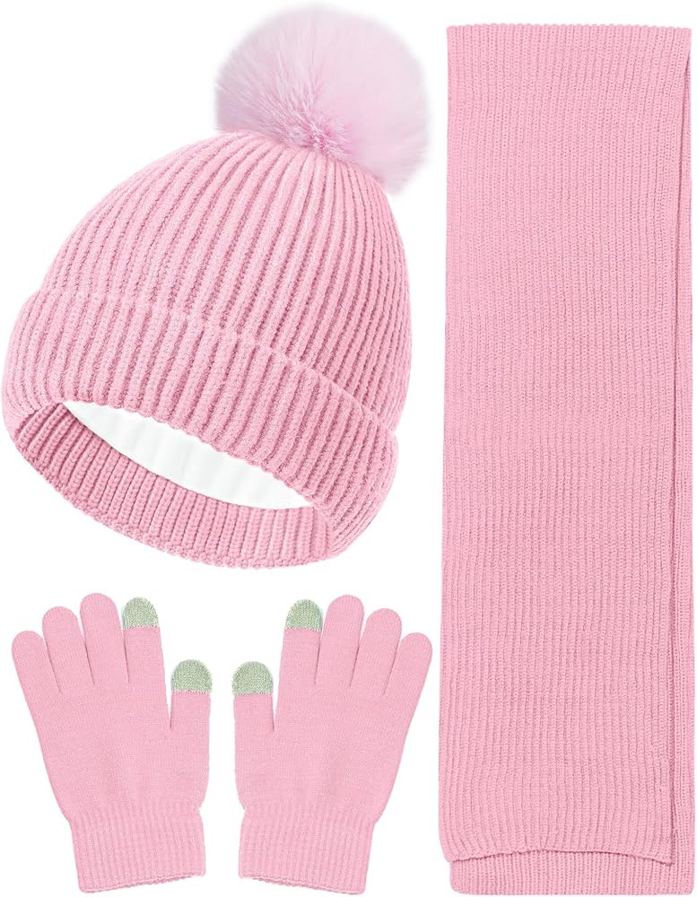 Wandx Kids Winter Hat Gloves Scarf Set Children Pompom Knit Beanie Warm Gloves with Thick Fleece ... | Amazon (US)