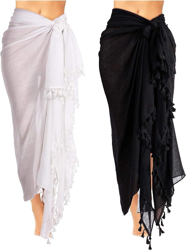 2 Pieces Women Beach Batik Long Sarong Swimsuit Cover up Wrap Pareo with Tassel for Women Girls | Amazon (US)