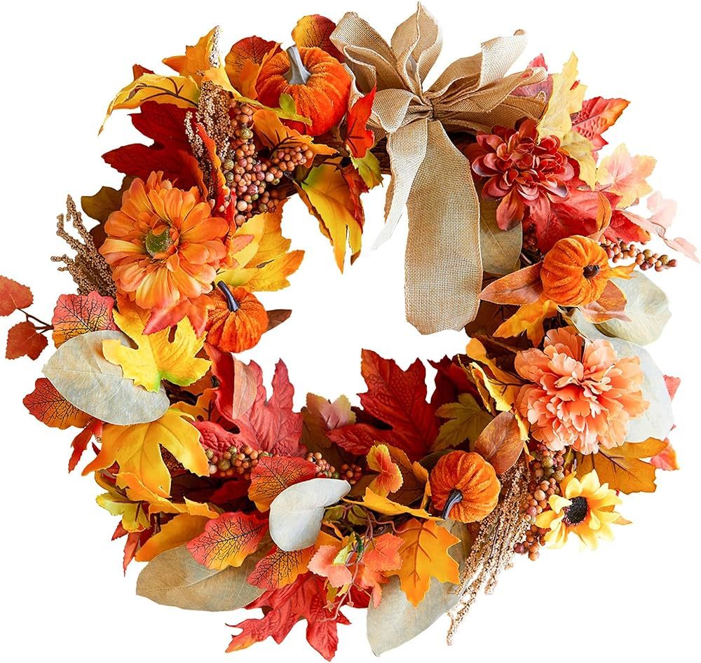 Fall Wreath for Front Door, 24 Inch Fall Door Wreath with Wreath Hanger, Autumn Pumpkin Wreath fo... | Amazon (US)
