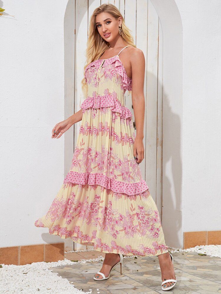Floral & Stripe Print Ruffle Trim Cami Dress | SHEIN