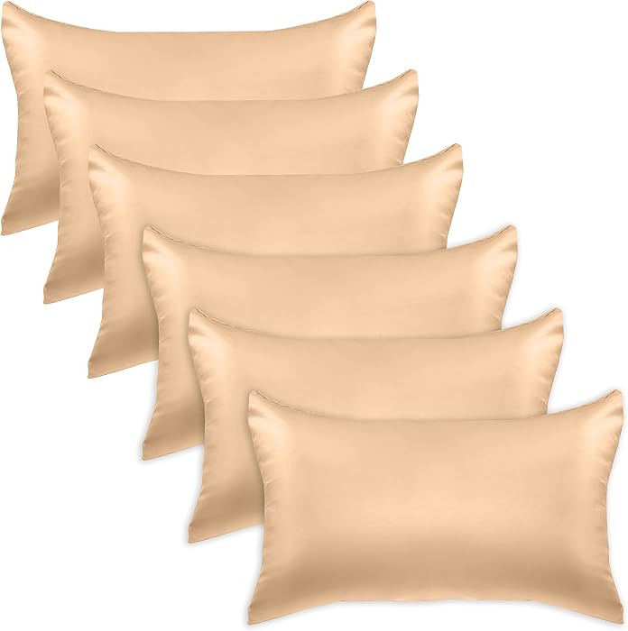 Elegant Comfort 6-Pack Champagne Satin Pillowcase Set with Hidden Zipper Closure, Silky Smooth fo... | Amazon (US)