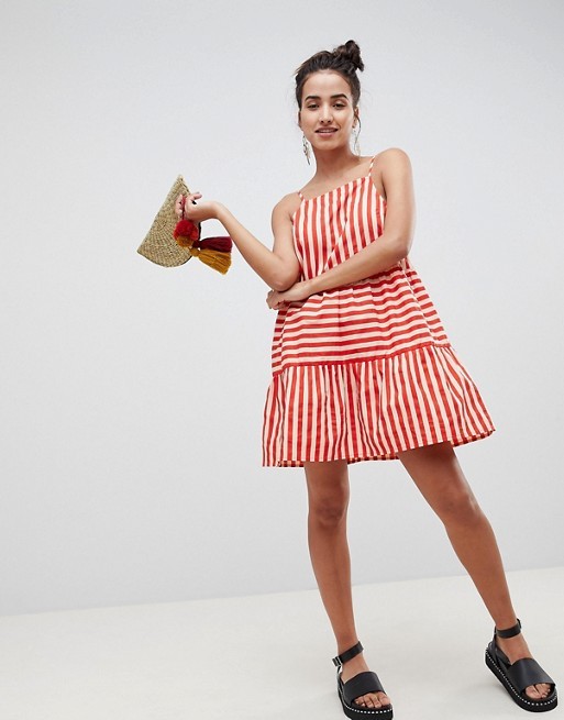 ASOS DESIGN Cotton Tiered Mini Sundress In Stripe | ASOS ROW