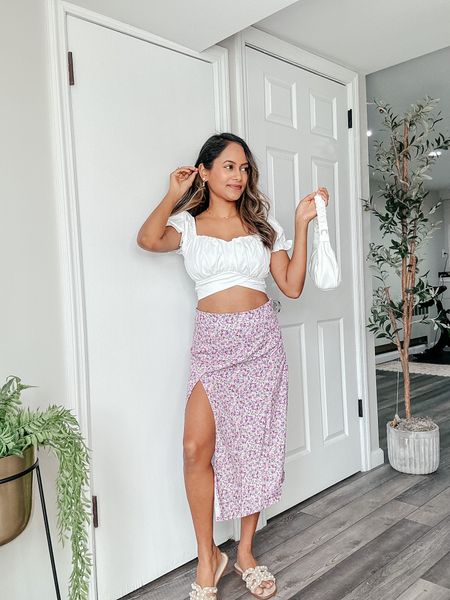 Date night outfit. Bardot top. White crop top. Floral midi skirt. Summer outfit. Brunch outfit. White purse. Sandals. Pearl sandals. Pearl slides. Amazon fashion. Trending outfit. Prime day. Prime day 2023. Vacation outfit. Resort look. 

#LTKtravel #LTKSeasonal #LTKstyletip