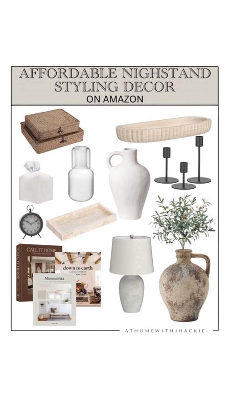 Affordable nightstand decor, neutral accents and decor, vases, styling book, trays, home decor under $50, decorative boxes, shelf styling, candlestick holders 

#LTKStyleTip #LTKHome #LTKFindsUnder50